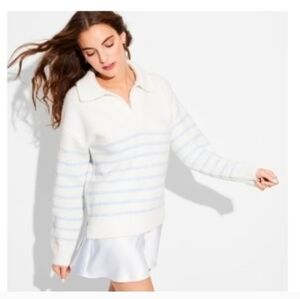 Wild Fable Women's Oversized Polo Pullover Sweater Blue Striped